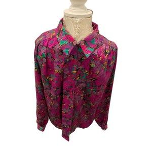 Pre-Owned Medium Size Pink Floral Button-Up Blouse with Slit Knot Long Sleeve